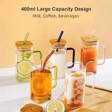 400ml Glass Mug with Bamboo Lid & Straw